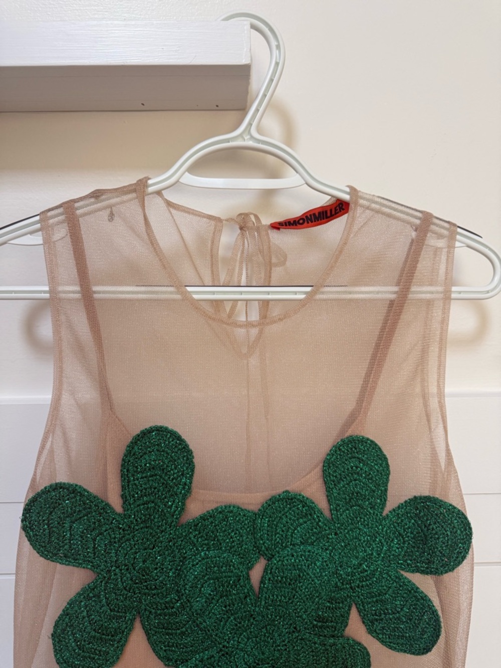 Simon Miller Nude Sheer Midi Dress with Green Floral Appliqués - Picture 7 of 9